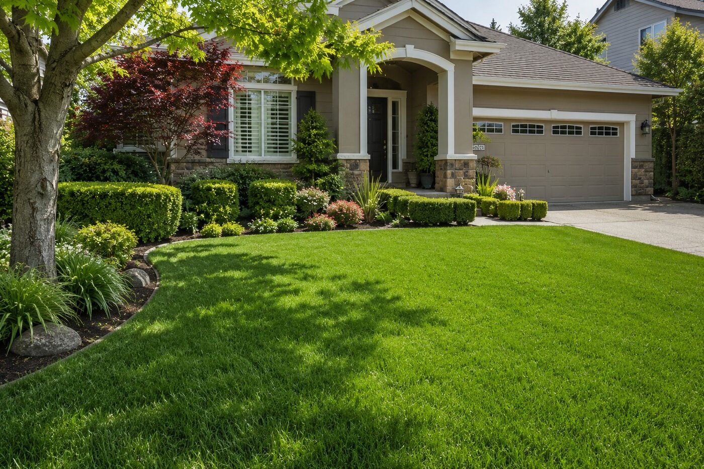 A finished City of Trees lawn — thick, green, and framed by healthy landscaping