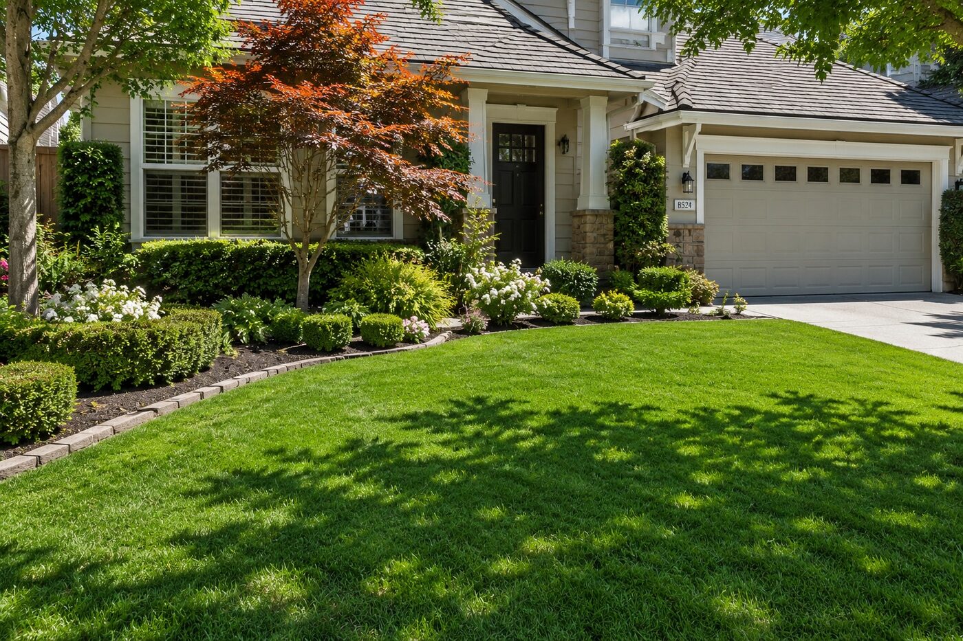 The result of a full year of professional lawn care — a dense, dark-green foothill lawn
